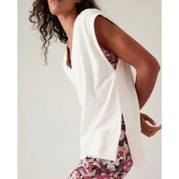 Athleta XL Retroterry V-Neck Sweatshirt Tee  Sleeveless Cream Ivory - Picture 3 of 7